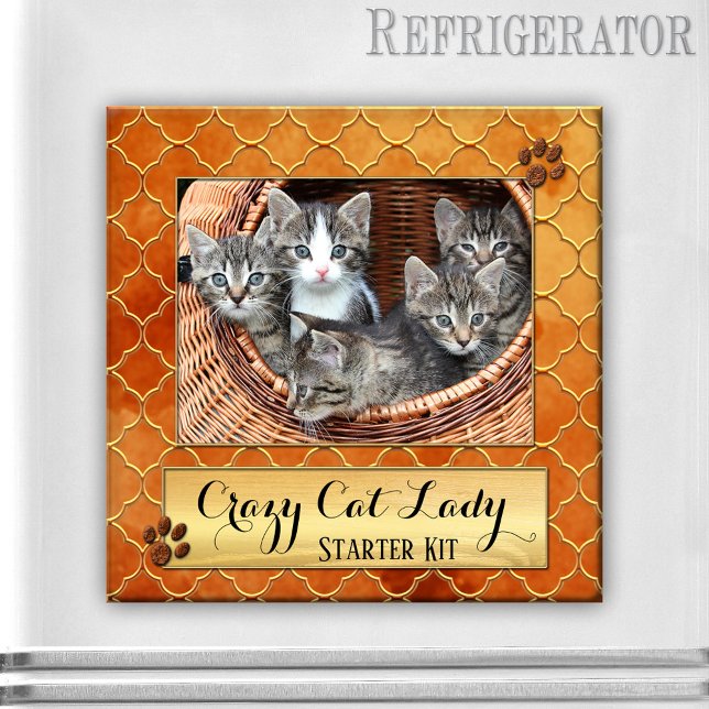 Imã Gatos Engraçados, Gato Louco Foto Magnet (Photo magnet featuring your cat photo framed by a Moroccan quatrefoil gold print with cute paws)