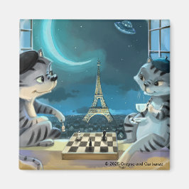 Imã Gatos Torre Eiffel - Ímã Quadrado Noturno 2"