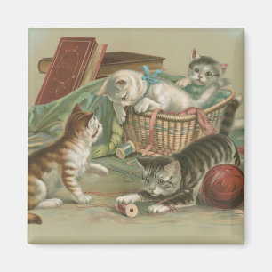 Imã Gatos Vitorianos Antigos Brincando na Cesta de Cos