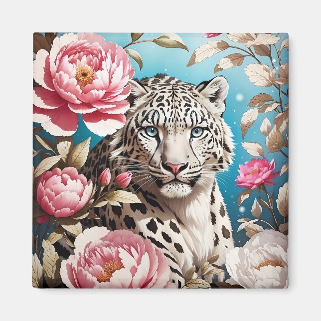 Imã Gaze-Leopardo-Da-Neve Em Greve E Pêonias Rosa (Frente)