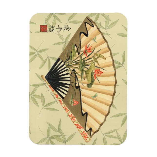 Ímã Geisha Fan com Folhas e Impressão Floral (Vertical)