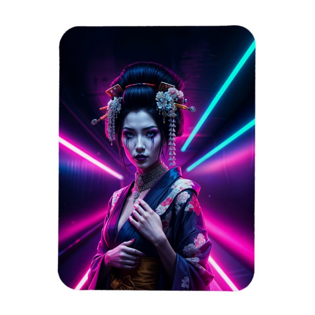 Ímã Geisha with Neon Background – Fridge Magnet Art (Vertical)