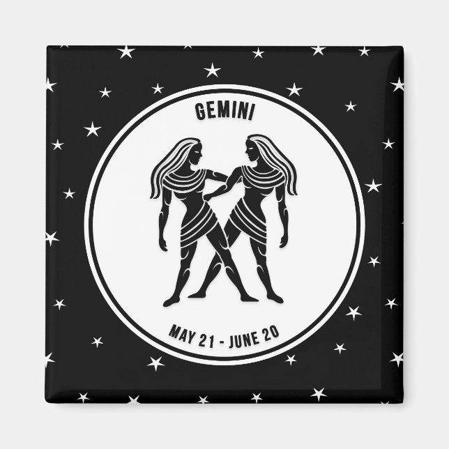 Imã Gemini - Símbolo Zodíaco, Imagem Preta e Branca (Frente)