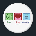 Imã Genealogia do Amor pela Paz<br><div class="desc">Genealogia do Amor pela Paz. Um design de ancestralidade fofo com um sinal de paz, coração e uma fita de DNA hélice dupla para representar a história familiar, o patrimônio e a linhagem. Um presente genealogista excelente para pessoas que estudam parentesco na pesquisa genealógica.</div>