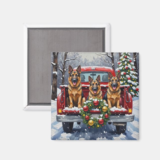 Imã German Shepherd Christmas Red Truck Holiday (Front/Back)