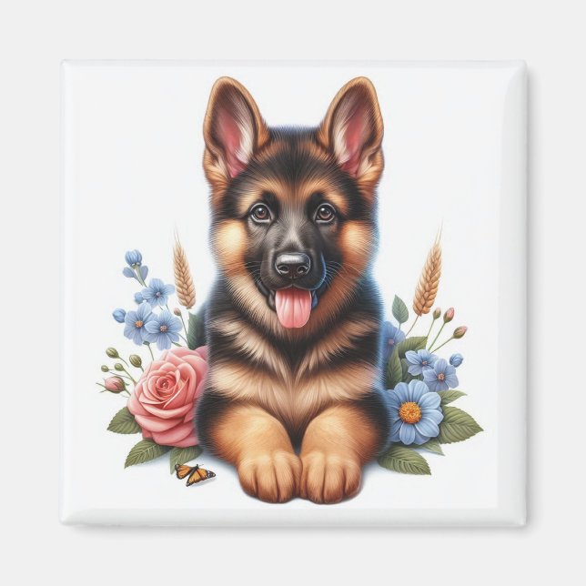 Imã German shepherd com flores (Frente)