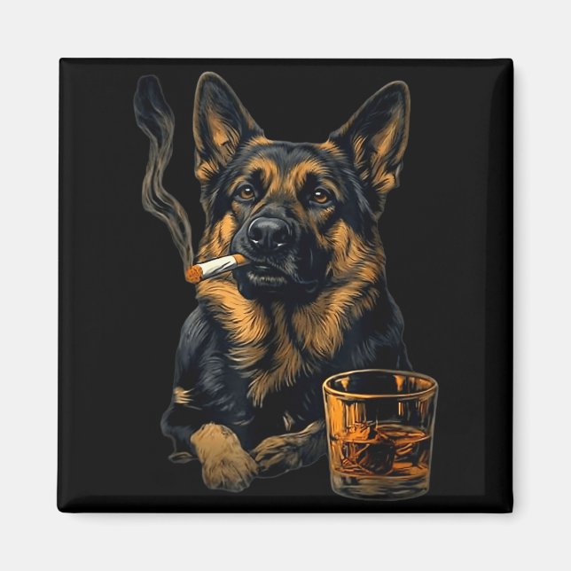 Imã German Shepherd Dog Smoking Cigarette Whisky Lover (Frente)