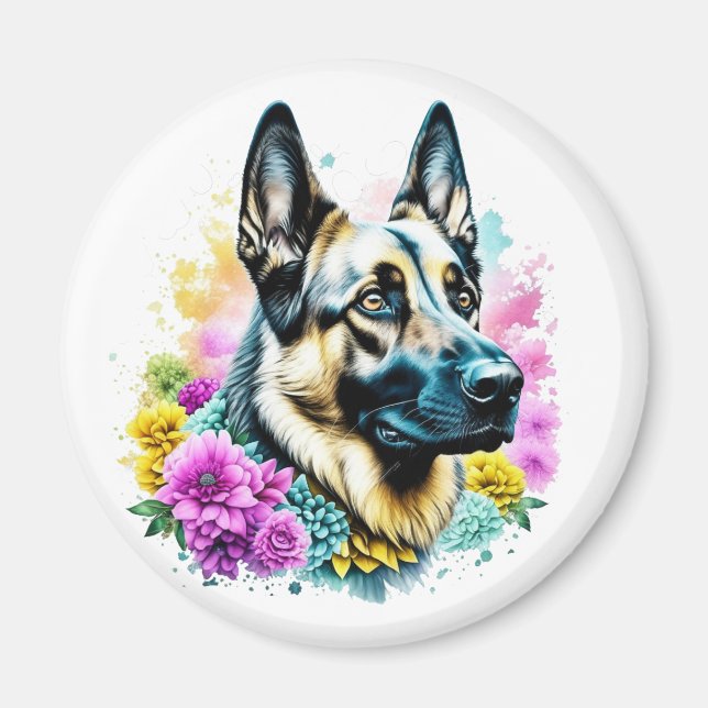 Imã German shepherd e Flores ai art (Frente)