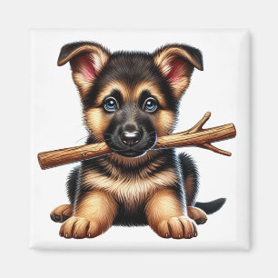 Imã German shepherd Puppy Segure um pau na boca