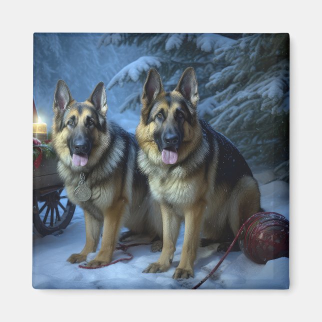 Imã German shepherd Snowy Sleigh Decoração de Natal (Frente)