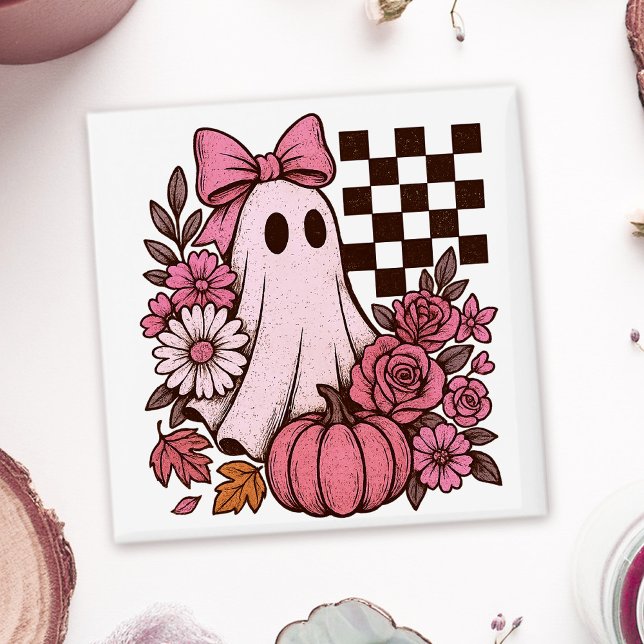 Imã Ghost Girl retrorada cor-de-rosa com Arco Hallowee (This coquette ghost retro Halloween design combines floral sweetness with spooky spirit.)