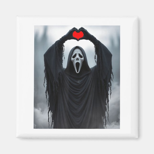 Imã Ghost Red Heart Hands Y Face Halloween Valentines  (Frente)