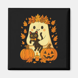 Imã Ghost Segurando Black Cat Halloween Pumpkins outon