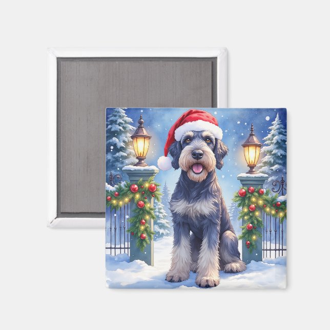 Imã Giant Schnauzer Snowy Iron Fence Santa Christmas (Front/Back)