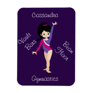 Ímã Ginástica Cabelo Negro, Olhos Azuis, Leotard Roxo