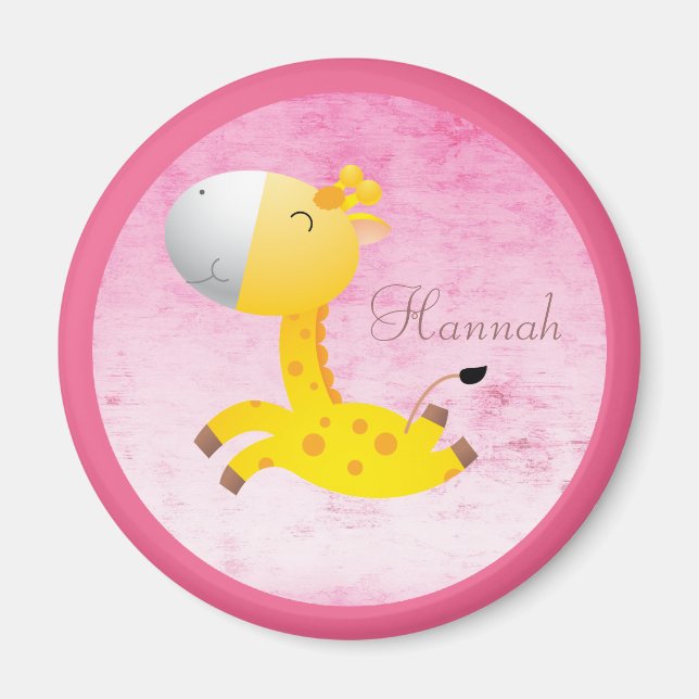 Imã Girafa de Cartoon Bonita, Rosa Personalizada (Frente)