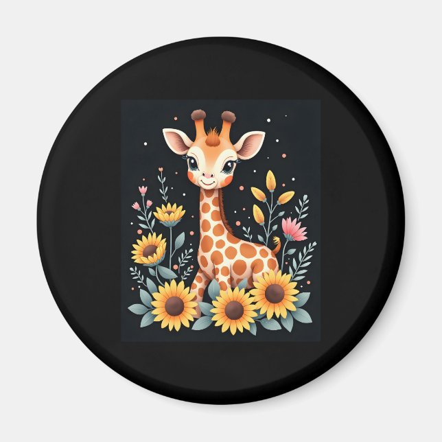 Imã Girafa Encantadora Cercada Por Flores De Longa Fol (Frente)