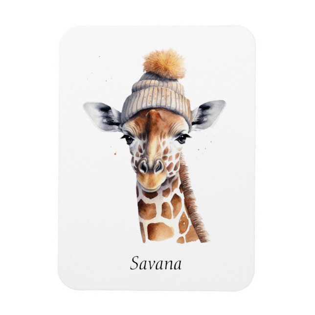 Ímã Girafa vestindo chapéu de inverno personalizável (Vertical)