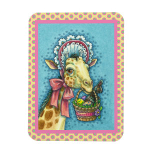 ÍMÃ GIRAFFE EM BONNET DE PÁSCOA DE PRIMAVERA, CESTA D