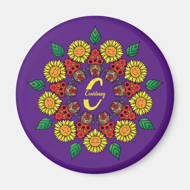Imã Girassóis e Cogumelos Personalizados Mandala Roxo (Frente)