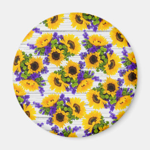 Imã Girassol amarelo roxo de madeira branco rústico d