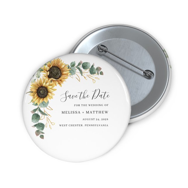 Imã Girassol Eucalyptus Amarelo Floral Salvar a Data (Floral Sunflower Eucalyptus Script Wedding Save the Date Button)
