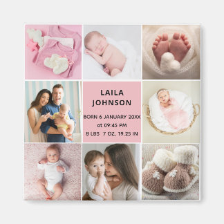 Imã Girl Birth Announcment Personalize 8 Photo Pink 