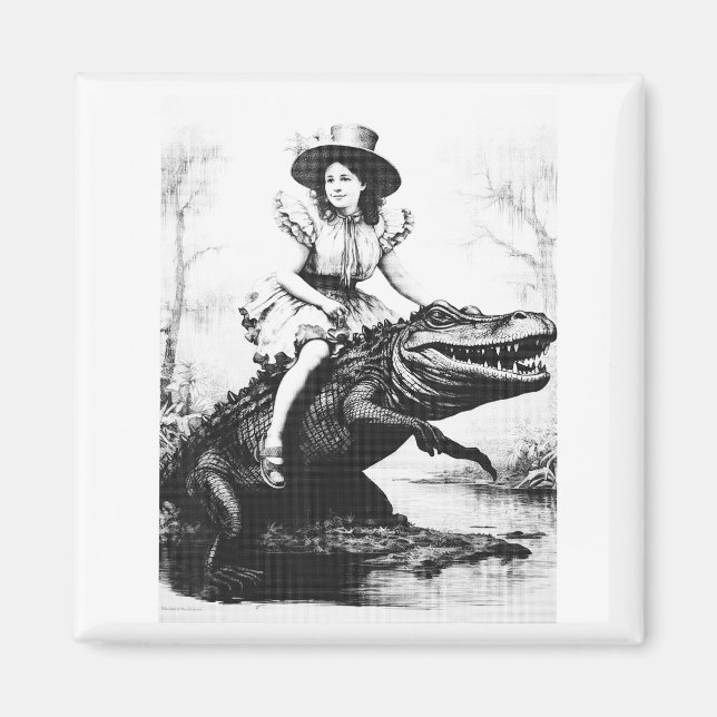 Imã Girl Riding Alligator _ Weird Funny Florida Crocod (Frente)