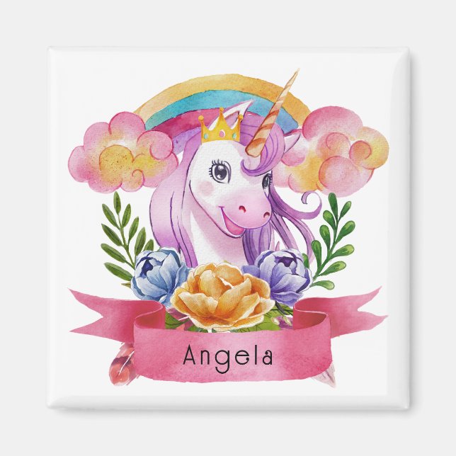 Imã Girls Cute Purple Unicorn Rainbow Nome Personaliza (Frente)