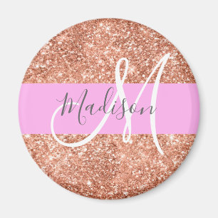 Imã Girly Glam Rosa Dourado Glitter Monograma Nome