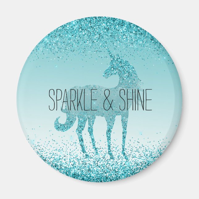 Imã Girly Glitz Aqua Turquoise Glitter Unicorn (Frente)