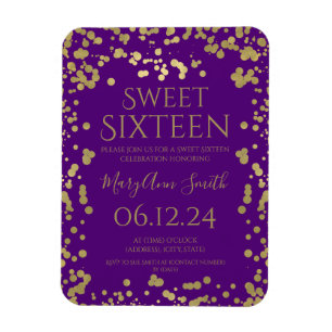 Ímã Girly Gold Foil Confetti Sweet 16 Invite Roxo