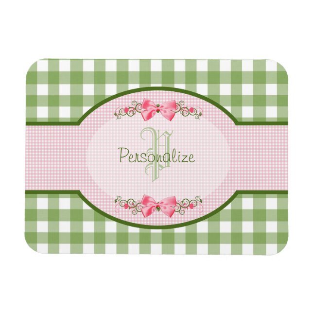 Ímã Girly Green Gingham Monograma Com Nome (Horizontal)
