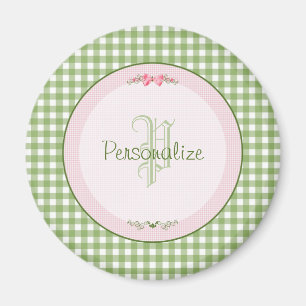 Imã Girly Green Gingham Monograma Com Nome