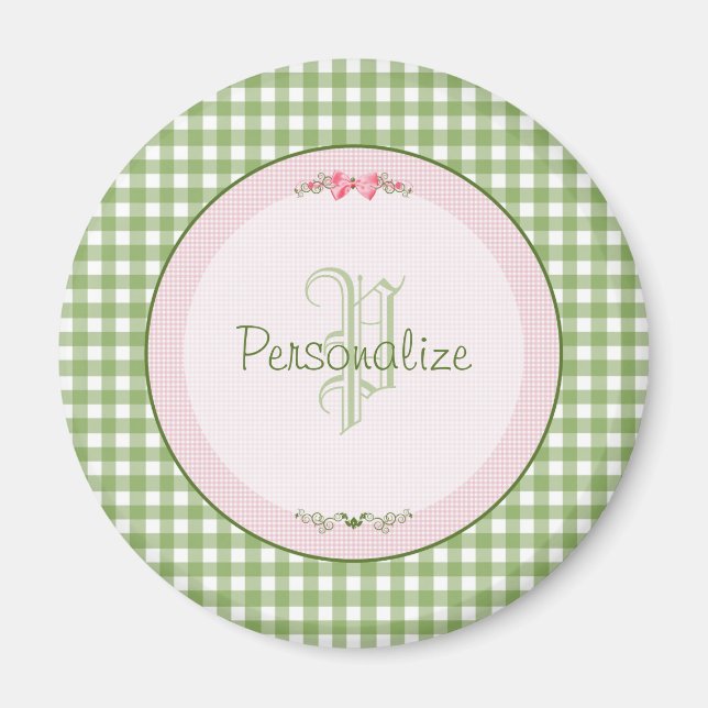 Imã Girly Green Gingham Monograma Com Nome (Frente)
