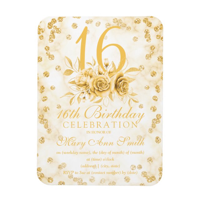 Ímã Girly Marble Glitter Gold Floral Sweet 16th  (Vertical)