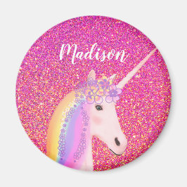 Imã Girly Rainbow Unicorn Pink Glitter Personalizado