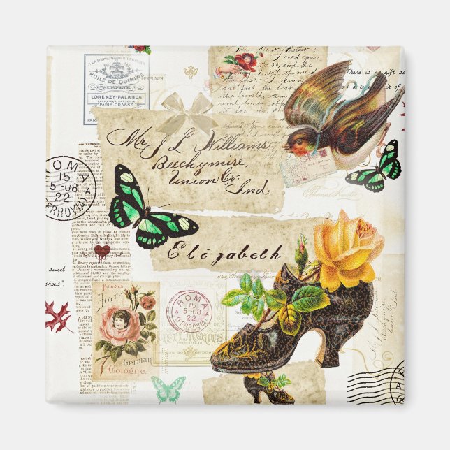 Imã Girly Vintage Ephemera Fashion Collage Com Nome (Frente)