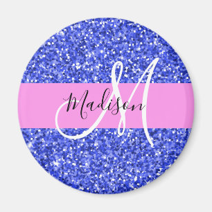 Imã Glam Azul Escuro Rosa Brilho Faíscas Nome Monogram