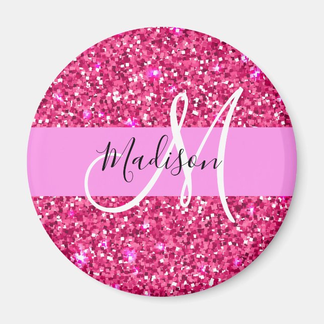 Imã Glam Girly Hot Pink Glitter Sparkles Nome Monogram (Frente)