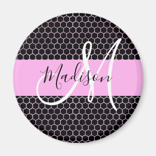 Imã Glam Metalizado Preto Nome Monograma Mel Rosa Favo