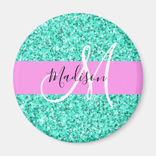 Imã Glam Pink e Aqua Glitter Sparkles Nome do Monogram