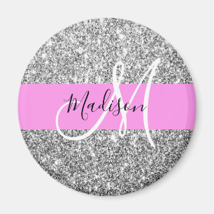 Imã Glam Pink & Silver Glitter Sparkles Nome do Monogr