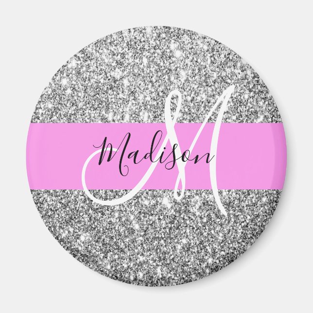 Imã Glam Pink & Silver Glitter Sparkles Nome do Monogr (Frente)