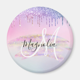 Imã Glam Rainbow Unicorn Ombre Glitter Pink Monograma