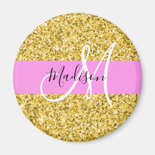 Imã Glam Rosa e Dourado Brilho Faíscas Monograma Nome