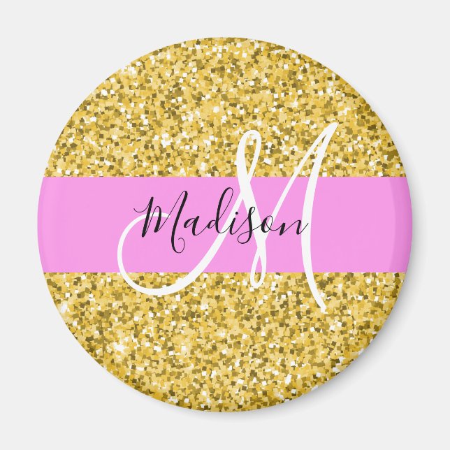 Imã Glam Rosa e Dourado Brilho Faíscas Monograma Nome (Frente)