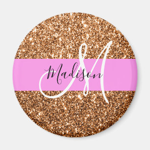 Imã Glam Rosa e Glitter Cobre Faíscas Monograma Nome