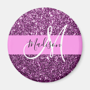 Imã Glam Rosa e Glitter Roxo Monograma Nome