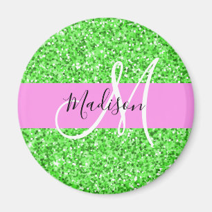 Imã Glam Rosa e Verde Brilho Monograma Nome